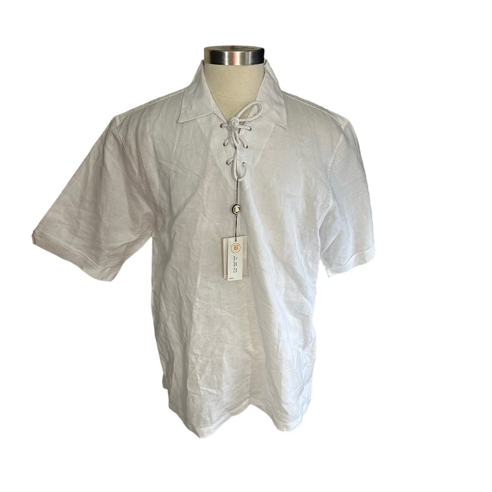 Bagazio Men White Half Tie-Up  Hand-Woven Cuffed Short Sleeve Shirt Sz XL NWT